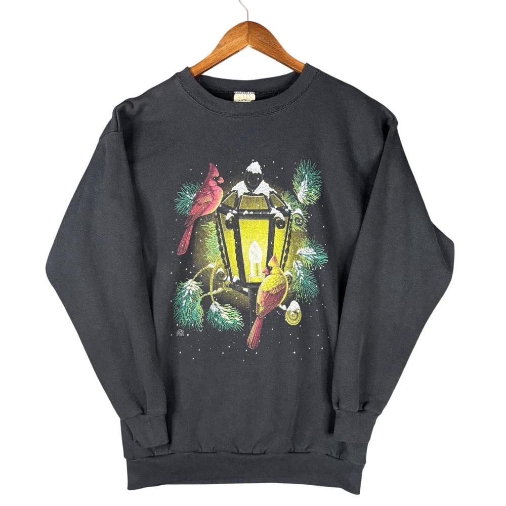Vintage Cotton Grove Designs Cardinal Winter Lantern Sweatshirt Black Large 1995